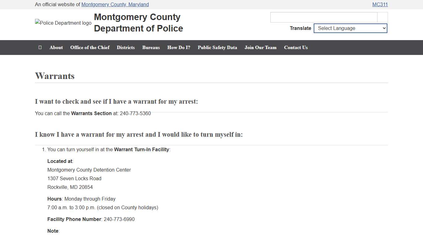 Warrants Page, Montgomery County Police Department, Montgomery County, MD